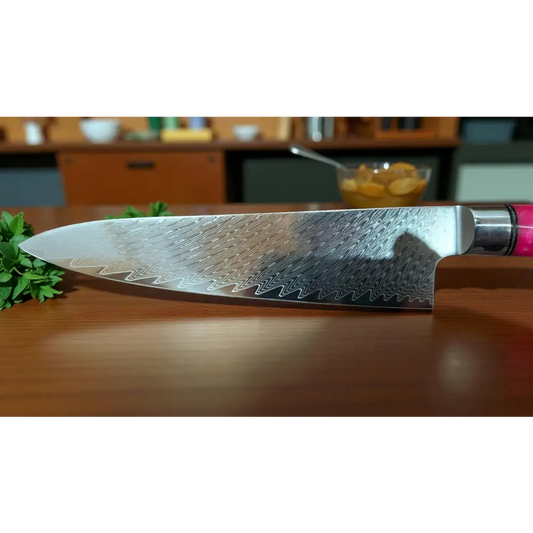 Damast Chefmesser 8’’ (20 cm) – 67 Lagen – VG10 Kern – Hybridgriff Pink/Wood – Geschenkbox - Chefmesser