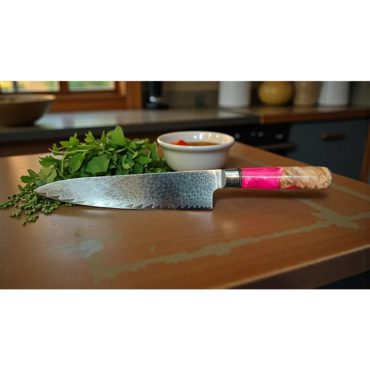 Damast Chefmesser 8’’ (20 cm) – 67 Lagen – VG10 Kern – Hybridgriff Pink/Wood – Geschenkbox - Chefmesser